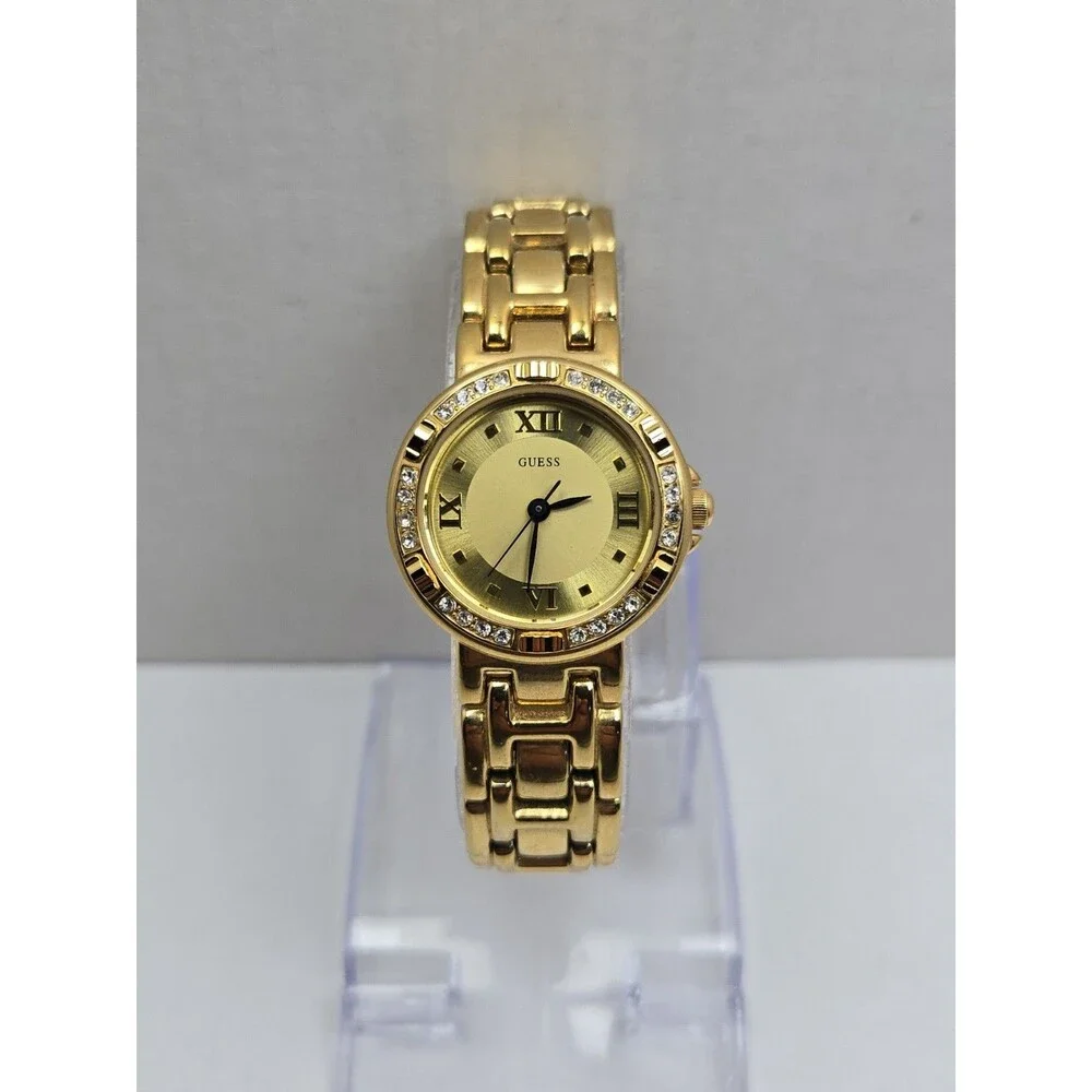 Vintage Guess Womens Gold Tone Crystal Bezel Watch New Battery Dainty Petite